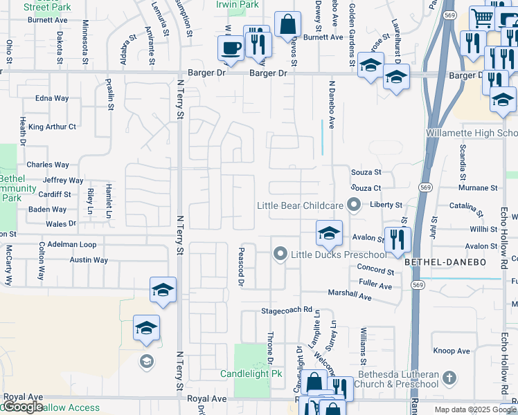 map of restaurants, bars, coffee shops, grocery stores, and more near Ponderasor Dr in Eugene