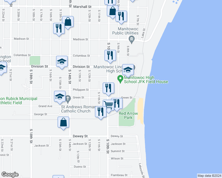 map of restaurants, bars, coffee shops, grocery stores, and more near 1622 South 9th Street in Manitowoc