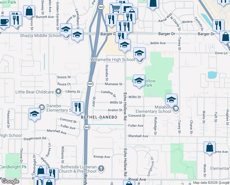 map of restaurants, bars, coffee shops, grocery stores, and more near 4355 Catalina Street in Eugene