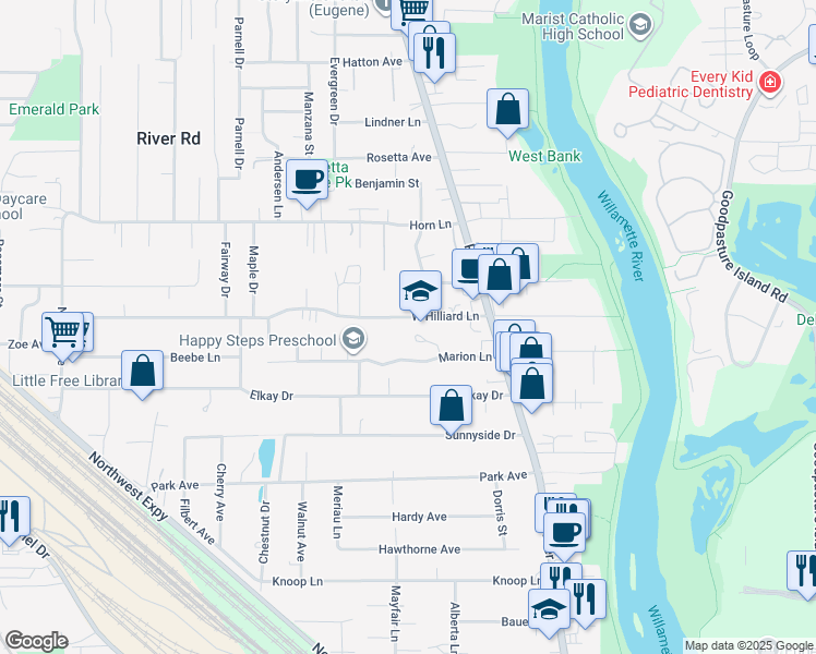 map of restaurants, bars, coffee shops, grocery stores, and more near 120 West Hilliard Lane in Eugene