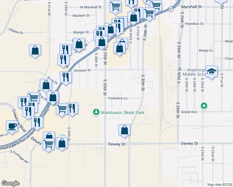 map of restaurants, bars, coffee shops, grocery stores, and more near 3400 Yorkshire Lane in Manitowoc