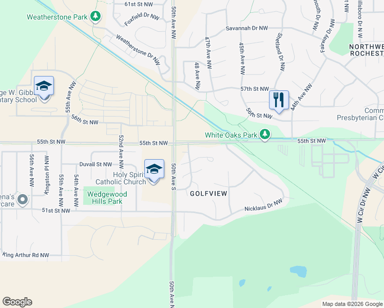 map of restaurants, bars, coffee shops, grocery stores, and more near 4905 Oaklawn Lane Northwest in Rochester
