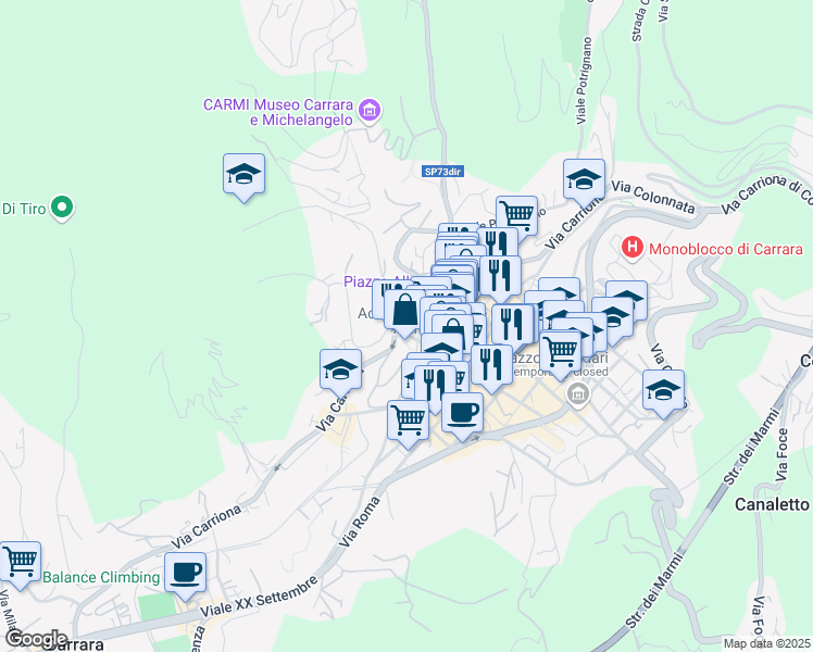 map of restaurants, bars, coffee shops, grocery stores, and more near 63 Via Carriona in Carrara