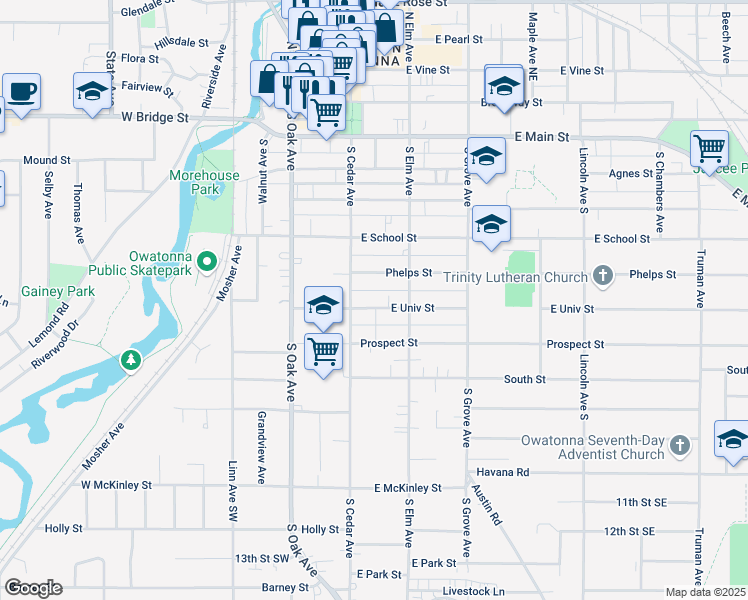 map of restaurants, bars, coffee shops, grocery stores, and more near 122 East University Street in Owatonna