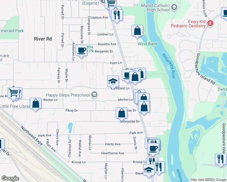 map of restaurants, bars, coffee shops, grocery stores, and more near 120 West Hilliard Lane in Eugene