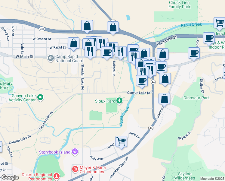 map of restaurants, bars, coffee shops, grocery stores, and more near 725 Dakota Drive in Rapid City