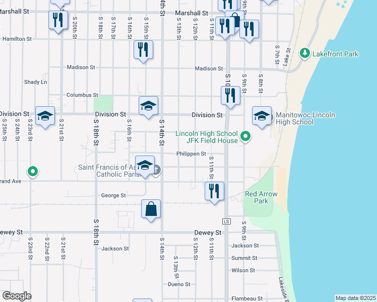 map of restaurants, bars, coffee shops, grocery stores, and more near 1623 South 13th Street in Manitowoc