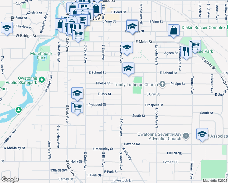 map of restaurants, bars, coffee shops, grocery stores, and more near 234 East University Street in Owatonna