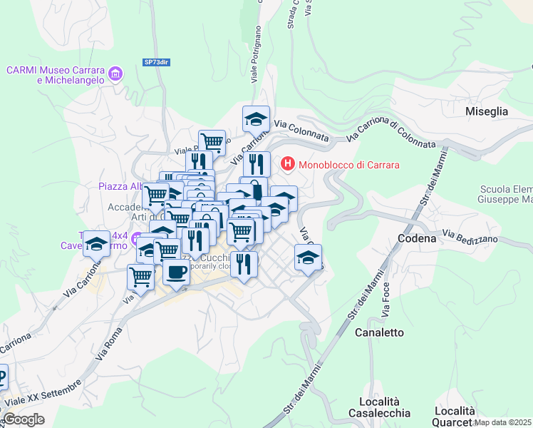 map of restaurants, bars, coffee shops, grocery stores, and more near 23 Via del Cavatore in Carrara