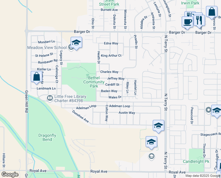 map of restaurants, bars, coffee shops, grocery stores, and more near 5514 Cardiff Street in Eugene