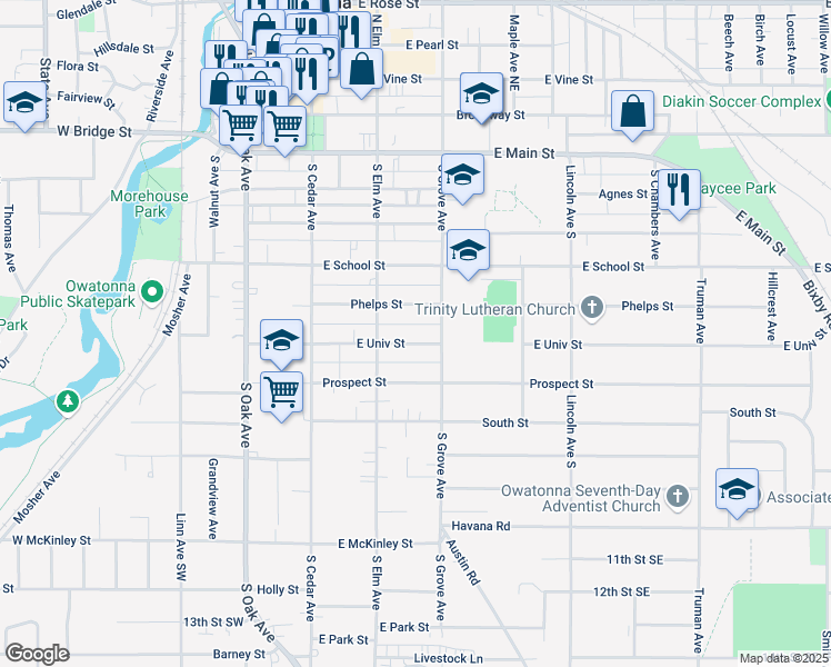 map of restaurants, bars, coffee shops, grocery stores, and more near 234 East University Street in Owatonna