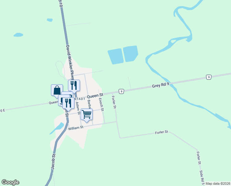 map of restaurants, bars, coffee shops, grocery stores, and more near 738 County Road 9 in Neustadt