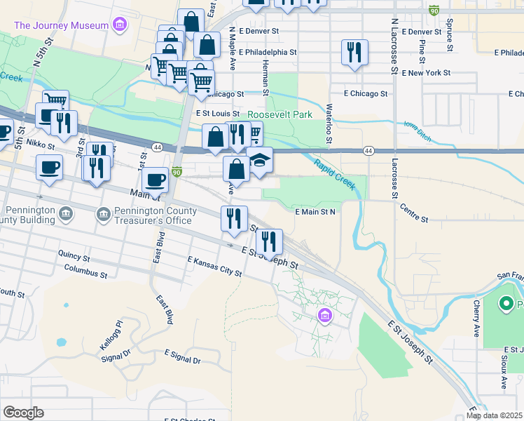map of restaurants, bars, coffee shops, grocery stores, and more near 231 East Main Street in Rapid City