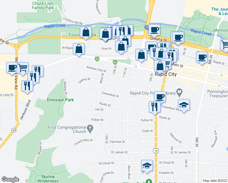 map of restaurants, bars, coffee shops, grocery stores, and more near 811 12th Street in Rapid City