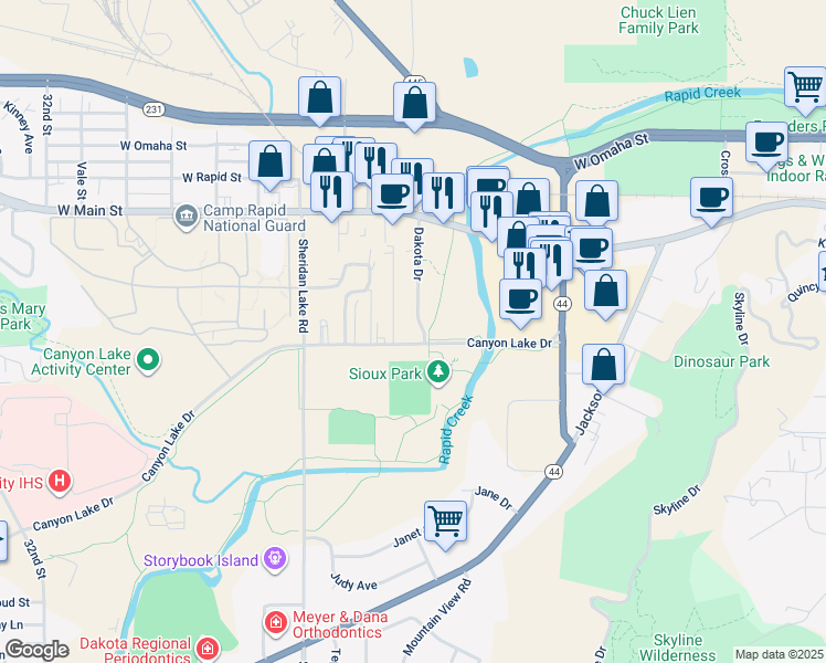 map of restaurants, bars, coffee shops, grocery stores, and more near 725 Dakota Drive in Rapid City