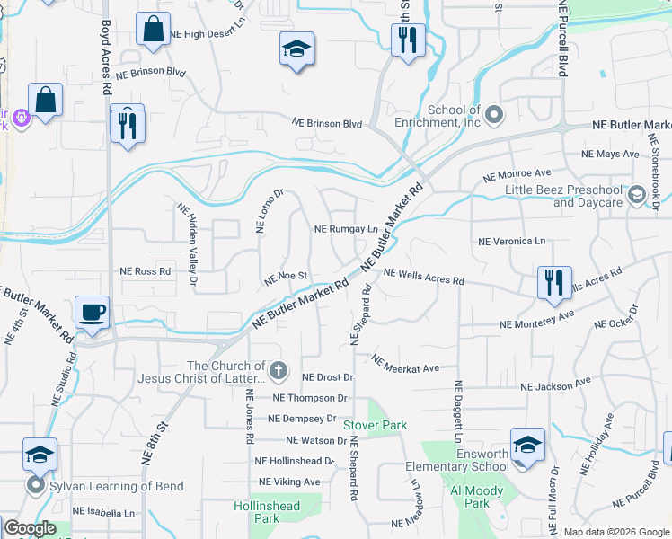 map of restaurants, bars, coffee shops, grocery stores, and more near 2931 Northeast Quiet Canyon Drive in Bend