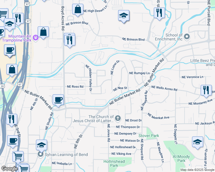 map of restaurants, bars, coffee shops, grocery stores, and more near 2825 Northeast Lotno Drive in Bend