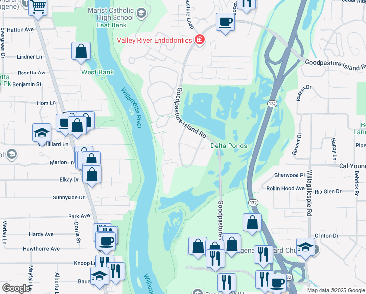 map of restaurants, bars, coffee shops, grocery stores, and more near 480 Alexander Loop in Eugene