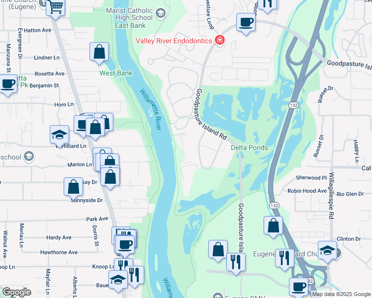 map of restaurants, bars, coffee shops, grocery stores, and more near 600 Waterford Way in Eugene