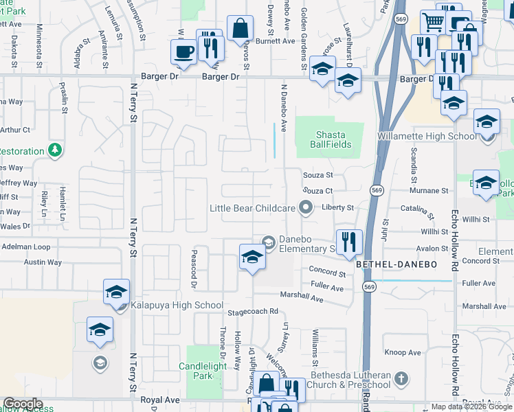map of restaurants, bars, coffee shops, grocery stores, and more near 1400 Candlelight Drive in Eugene