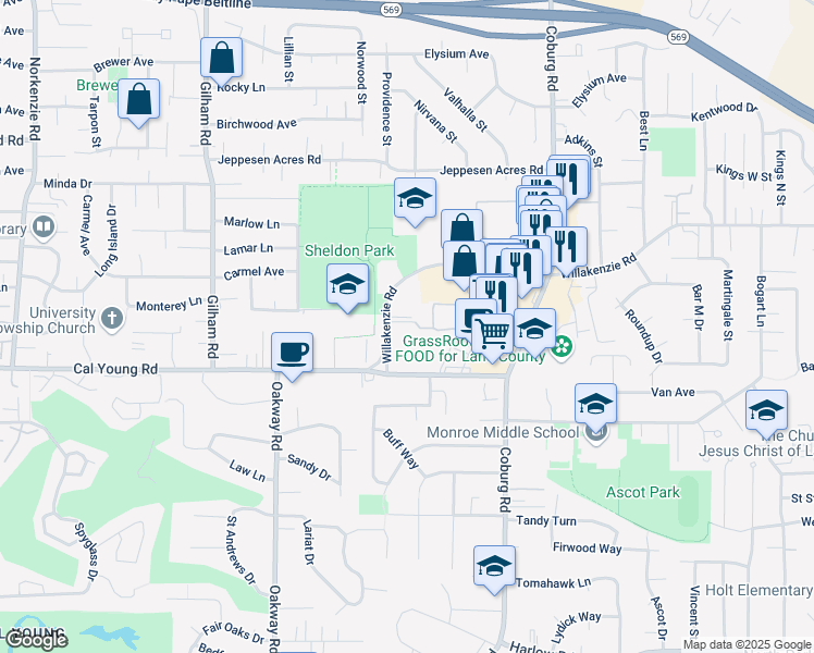 map of restaurants, bars, coffee shops, grocery stores, and more near 2434 Willakenzie Road in Eugene