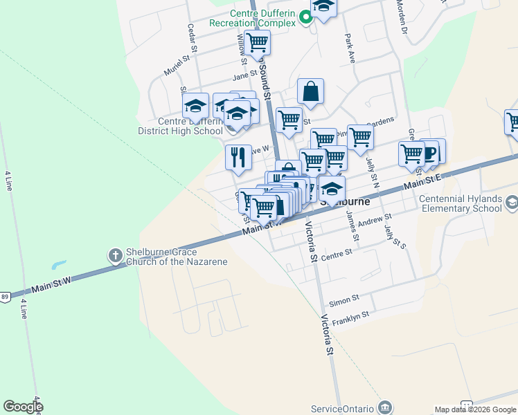 map of restaurants, bars, coffee shops, grocery stores, and more near 123 First Avenue West in Shelburne