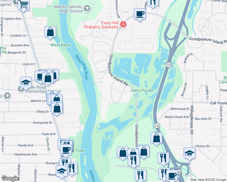 map of restaurants, bars, coffee shops, grocery stores, and more near 480 Alexander Loop in Eugene