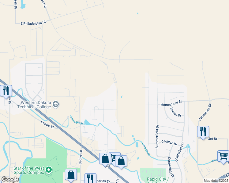 map of restaurants, bars, coffee shops, grocery stores, and more near 434 North Valley Drive in Rapid City