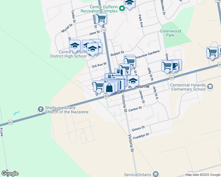 map of restaurants, bars, coffee shops, grocery stores, and more near 122 Owen Sound Street in Shelburne