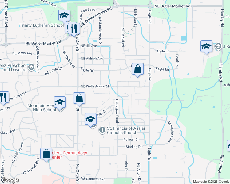 map of restaurants, bars, coffee shops, grocery stores, and more near 62763 Hawkview Road in Bend
