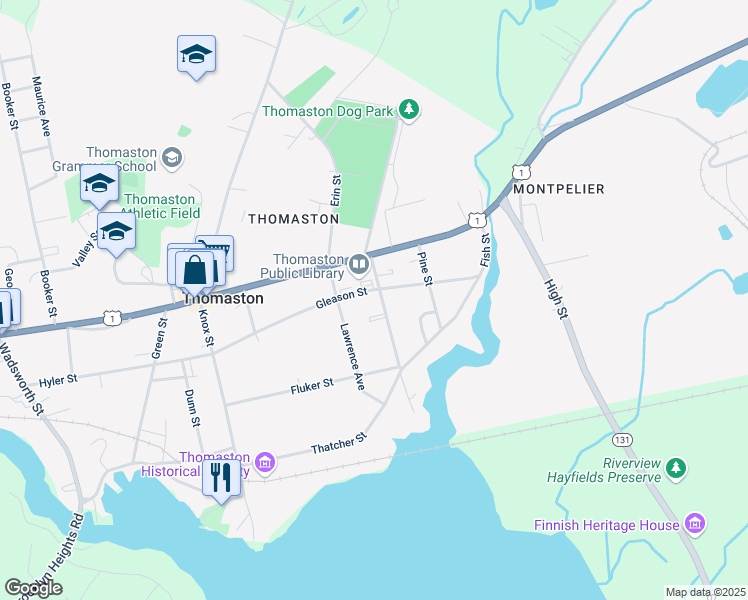 map of restaurants, bars, coffee shops, grocery stores, and more near 73 Gleason Street in Thomaston