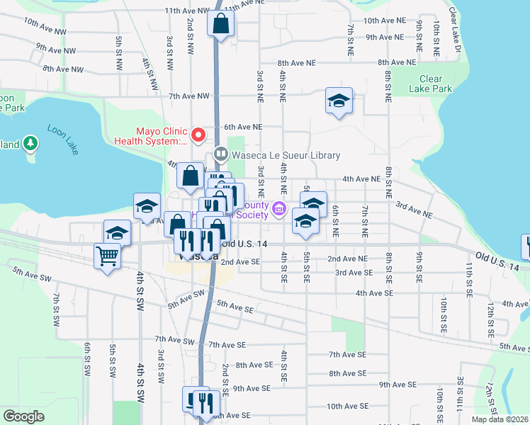 map of restaurants, bars, coffee shops, grocery stores, and more near 308 3rd Avenue Northwest in Waseca