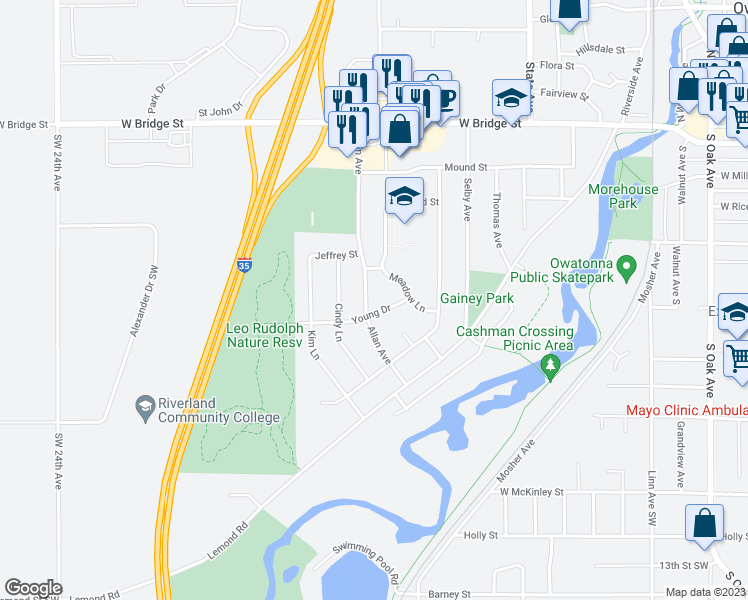 map of restaurants, bars, coffee shops, grocery stores, and more near 435 Allan Avenue in Owatonna