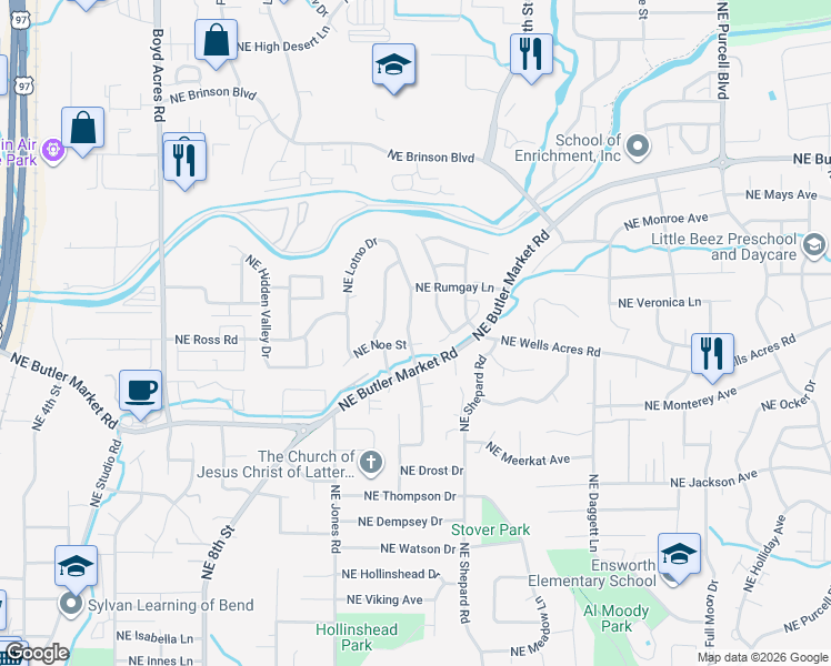 map of restaurants, bars, coffee shops, grocery stores, and more near 2806 Northeast Sandy Drive in Bend