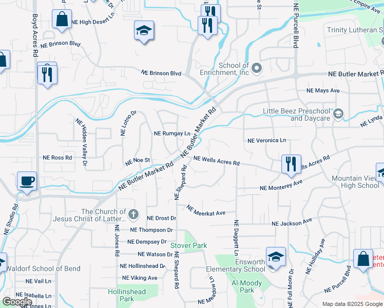 map of restaurants, bars, coffee shops, grocery stores, and more near 1598 Northeast Wells Acres Road in Bend