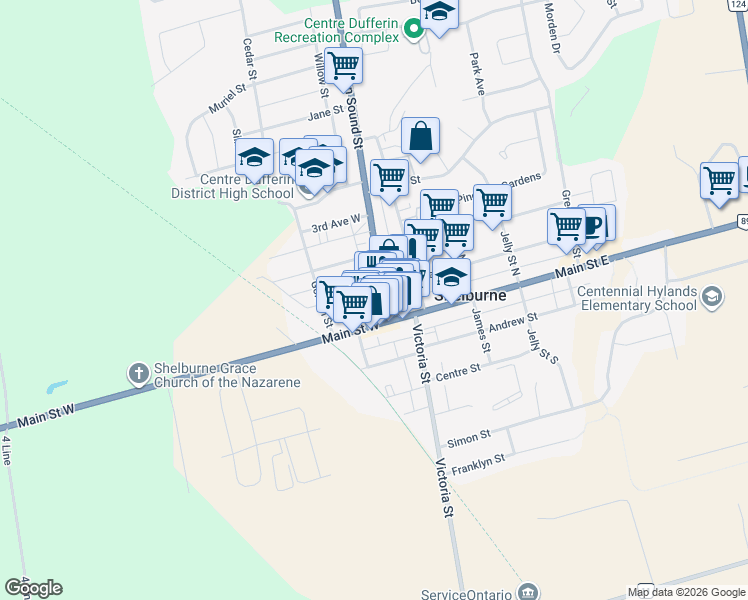 map of restaurants, bars, coffee shops, grocery stores, and more near 122 Owen Sound Street in Shelburne