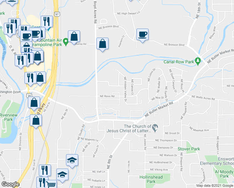 map of restaurants, bars, coffee shops, grocery stores, and more near 808 Northeast Ross Road in Bend