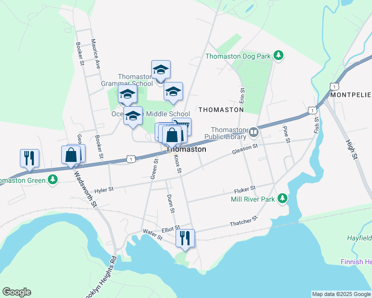 map of restaurants, bars, coffee shops, grocery stores, and more near 118 Main Street in Thomaston
