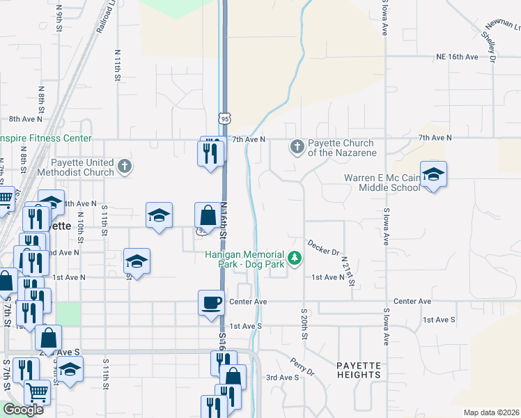 map of restaurants, bars, coffee shops, grocery stores, and more near Decker Dr in Payette