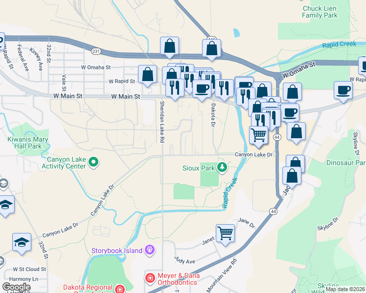 map of restaurants, bars, coffee shops, grocery stores, and more near 2430 Canyon Lake Drive in Rapid City