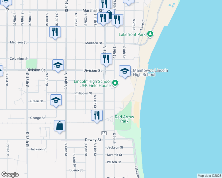map of restaurants, bars, coffee shops, grocery stores, and more near 1622 South 9th Street in Manitowoc