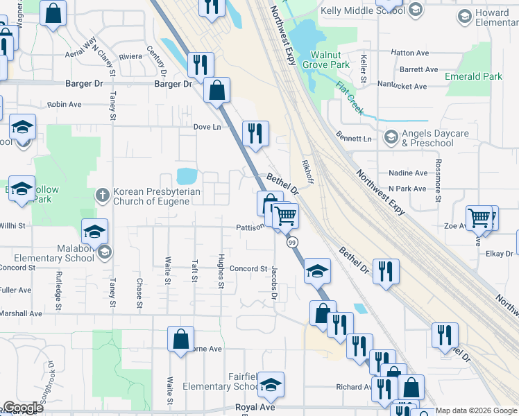 map of restaurants, bars, coffee shops, grocery stores, and more near 1700 Oregon 99 in Eugene