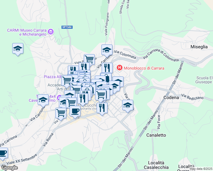 map of restaurants, bars, coffee shops, grocery stores, and more near 23 Via del Cavatore in Carrara
