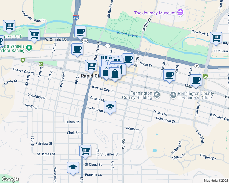 map of restaurants, bars, coffee shops, grocery stores, and more near 604 Kansas City Street in Rapid City