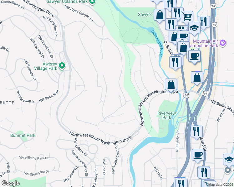 map of restaurants, bars, coffee shops, grocery stores, and more near 3385 Northwest 18th Place in Bend