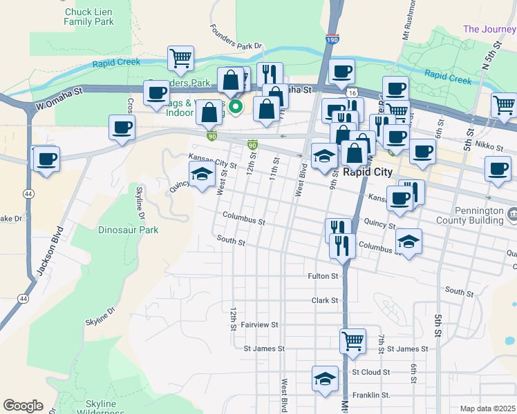 map of restaurants, bars, coffee shops, grocery stores, and more near 809 11th Street in Rapid City