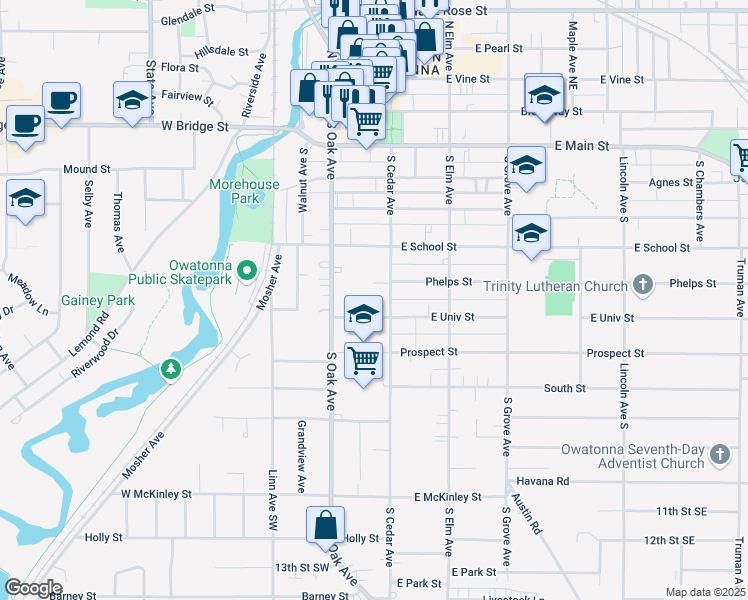 map of restaurants, bars, coffee shops, grocery stores, and more near 618 South Cedar Avenue in Owatonna