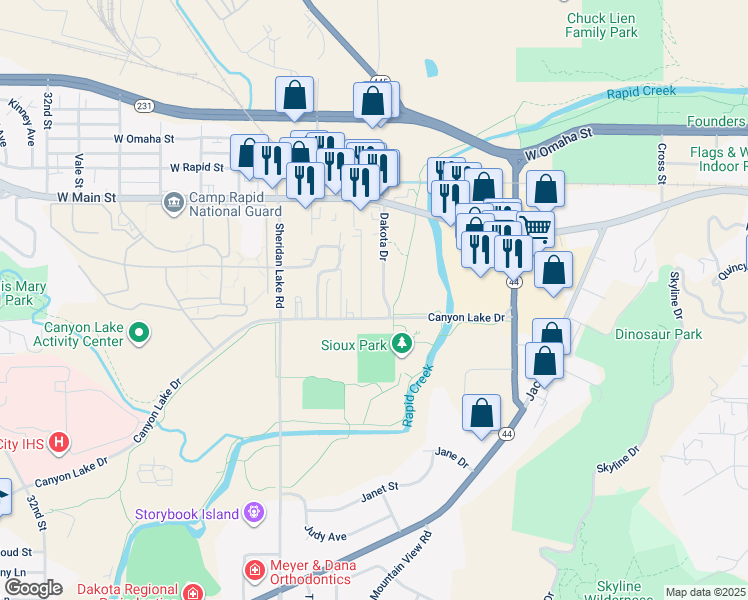 map of restaurants, bars, coffee shops, grocery stores, and more near 725 Dakota Drive in Rapid City