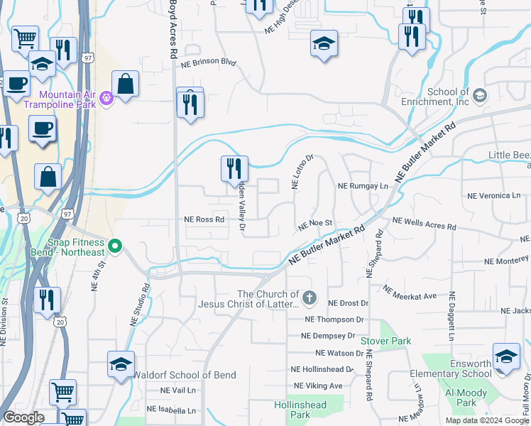 map of restaurants, bars, coffee shops, grocery stores, and more near 1006 Northeast Ross Road in Bend