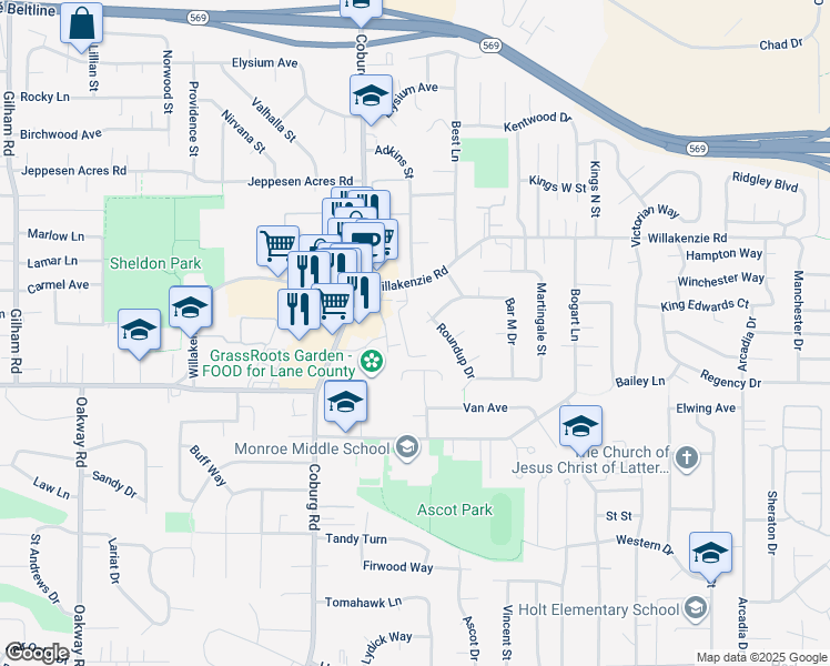 map of restaurants, bars, coffee shops, grocery stores, and more near 2774 Willakenzie Road in Eugene